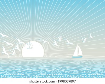 Marine sunrise background. Seascape with sunshine, waves, yacht and flying seagulls. Vector illustration.
