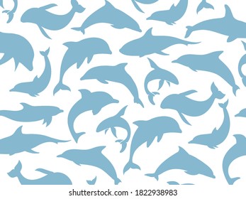 Marine surface pattern. Sea and ocean wallpaper. Blue dolphins on a white background.