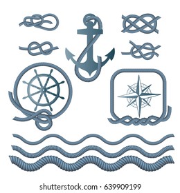 Marine symbols - a compass, an anchor, a rope knot, a rope. Vector illustration.