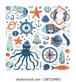 Marine symbols and creatures hand drawn vector set. Seaside life concept. Flat illustration in scandinavian style. Invitation cards, accessories design elements. Isolated on white background. 