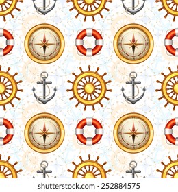 Marine symbols seamless pattern with steering wheel anchor lifebuoy and compass vector illustration
