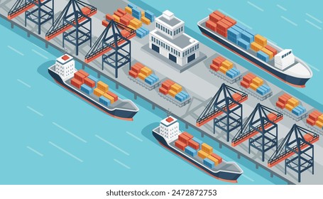 Terminal marítima con buques de carga y grúas de carga servicios de expedición de Ilustración vectorial diseño isométrico