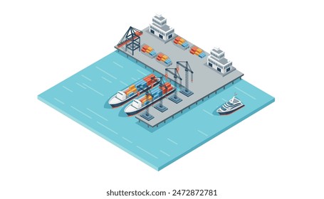 Marine terminal with cargo ships and cargo crane freight forwarding services vector illustration isometric design