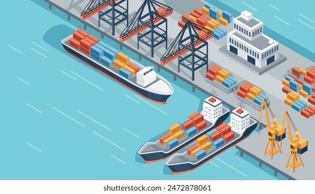 Terminal marítima con buques de carga y grúas de carga servicios de expedición de Ilustración vectorial diseño isométrico