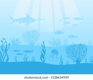 Marine theme, background with fish and algae cartoon vector illustration