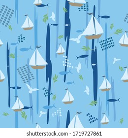 Marine Theme Background. Sea vector Seamless Pattern, Coastal Print 