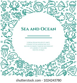 Marine theme banner with ictograms of different fishes and other sea and ocean animals collected in square form with empty round. Vector illustration of isolated outline icons with editable stroke.