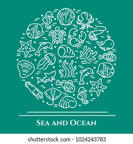 Marine theme banner with ictograms of different fishes and other sea and ocean animals collected in form of round. Vector illustration of isolated outline icons with editable stroke.