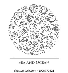 Marine theme banner with ictograms of different fishes and other sea and ocean animals collected in form of round. Vector illustration of isolated outline icons with editable stroke.