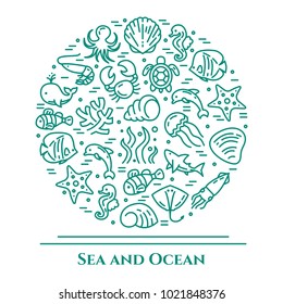 Marine theme banner with pictograms of different fishes and other sea and ocean animals collected in form of circle. Vector illustration of isolated outline icons with editable stroke.