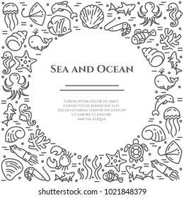 Marine theme banner with pictograms of different fishes and other sea and ocean animals collected in square form with empty round. Vector illustration of isolated outline icons with editable stroke.