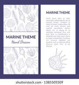 Marine Theme Banner Template with Place for Text, Undersea World with Seaweed and Seashells Hand Drawn Vector Illustration