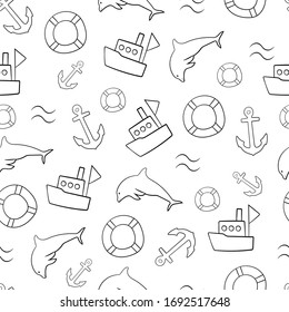 Marine theme black lines seamless pattern on a white background. Dolphin, ship, lifebuoy, anchor, waves.