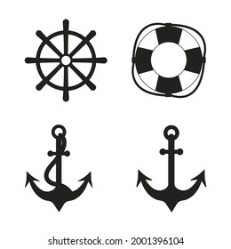 Marine theme. Design elements. Anchor, lifebuoy, wheel. Silhouette. Vector illustration for print and internet