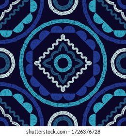 Meeresthema. Design mit manueller Schraffierung. Blau. Muster. Ethnischer Boho-Ornament. Nahtloser Hintergrund. Vector Illustration für Webdesign oder Print.