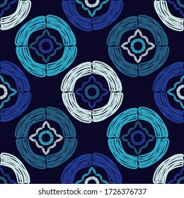 Marine theme. Design with manual hatching. Blue. Patterned texture. Ethnic boho ornament. Seamless background. Vector illustration for web design or print.