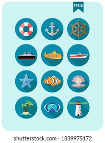 Marine theme  flat icon set of 12 elements. Rounded icons for sea vacation for travel companies.