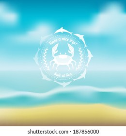 Marine theme icon over a blurred seascape background vector illustration