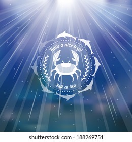 Marine theme icon over blurred underwater background with rays of light and air bubbles vector illustration