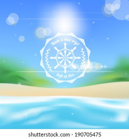 Marine theme icon over a blurred tropical beach landscape background vector illustration