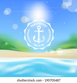Marine theme icon over a blurred tropical beach landscape background vector illustration