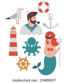 Marine theme icon set include seagull, octopus, mermaid, sailor, lifebuoy, helm and anchor.