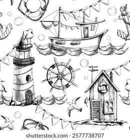 Marine theme with Lighthouse, fisherman s cabin, fishing boat, steering wheel, lifebuoy, anchor. Graphic illustration line art in black and white monochrome, hand drawn with ink. Seamless pattern