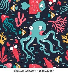 Marine theme. Octopus, jellyfish, fish, corals. Seamless vector pattern (background). Marine print.