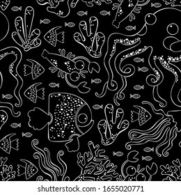 Tema marino. Pulpo, medusas, peces, corales. Patrón vectorial sin soldadura (fondo).  Impresión marina.
