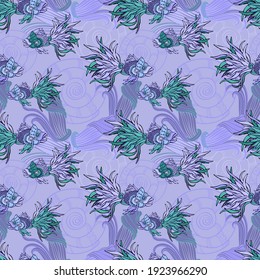 Marine theme on a seamless endless ornament, fabulous stylized fish, shells, seaweed. Vector drawing.