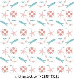 Marine theme pattern. Pattern with starfish, fish, lifebuoy for textile, fabric, wallpaper.