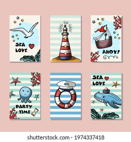 Marine theme. Postcards with inscriptions Sea love, Ahoy, party time. Vector set