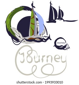 Tema marino.Juego de veleros, anillos, olas y viaje con letras. Bordados y sogas. Un viaje al mar. Vacaciones, vacaciones en el agua en un yate. Un barco de vela.Dibujo en tela y papel.