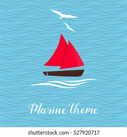 Marine theme. Sailing ship rocking on the waves. Two soaring seagulls.