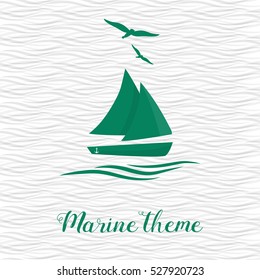 Marine theme. Sailing ship rocking on the waves. Two soaring seagulls.