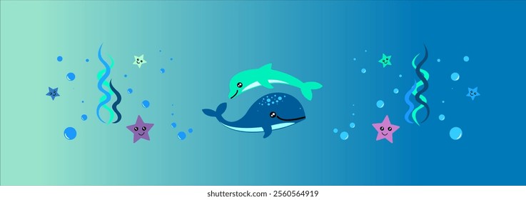 Marine theme with sea animals in the ocean among seaweed. Colored cartoon.Marine composition dolphin and whale
