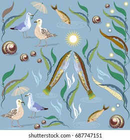 Marine theme. Seagulls with umbrellas, algae, seashells and fish. Scenes from the wild life. Vector 10.