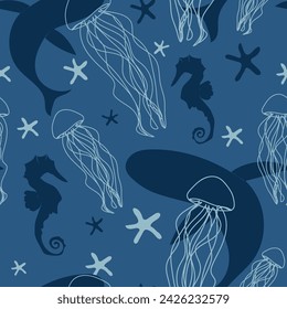 Marine theme seamless pattern. Adorable ocean blue whale, fish, jellyfish, seahorse, and stars. Colorful background illustration. Vector template for fabric, wrapping paper, wallpaper