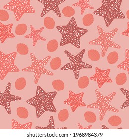 Marine theme. Seamless pattern of starfish and seashells. Vector illustration 