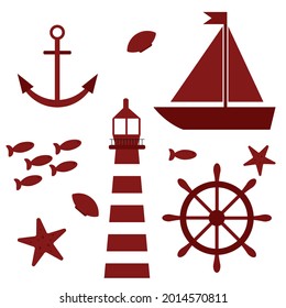 Marine theme set illustration with lighthouse, sailboat and marine inhabitants
