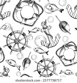 Marine theme with ship wheel, lifebuoy, fish, bubbles, hitchhiker and anchor. Graphic illustration line art in black and white monochrome, hand drawn with ink. Seamless pattern