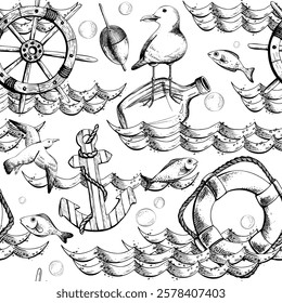 Marine theme with ship wheel, lifebuoy, seagulls, anchor, fish, water waves and bubbles. Graphic illustration line art in black and white monochrome, hand drawn with ink. Seamless pattern