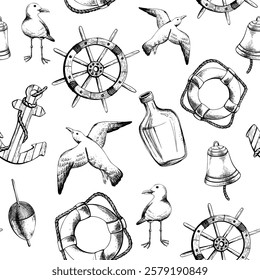 Marine theme with ship wheel, lifebuoy, seagulls, bell, pop-up, bottle of rum and anchor. Graphic illustration line art in black and white monochrome, hand drawn with ink. Seamless pattern