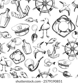 Marine theme with ship wheel, lifebuoy, seagulls, bell, pop-up, bottle of rum and anchor. Graphic illustration line art in black and white monochrome, hand drawn with ink. Seamless pattern