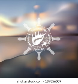 Marine theme steering wheel icon over a blurred seascape background vector illustration