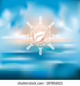 Marine theme steering wheel icon over a blurred seascape background vector illustration