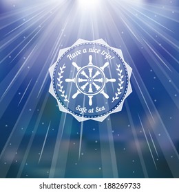 Marine theme steering wheel icon over blurred underwater background with rays of light and air bubbles vector illustration