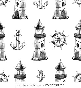 Marine theme with striped lighthouse, ship wheel and anchor. Graphic illustration line art in black and white monochrome, hand drawn with ink. Seamless simple pattern