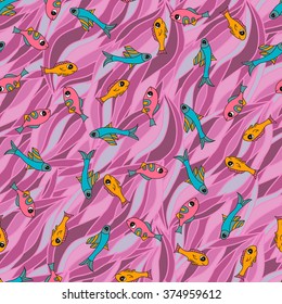 Marine theme texture doodle pictures sea, fish, animal, color isolation, waves texture 