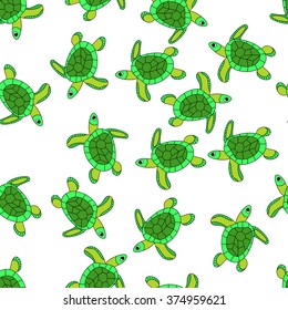 Marine theme texture doodle pictures sea, fish, animal, color isolation, texture green turtles 